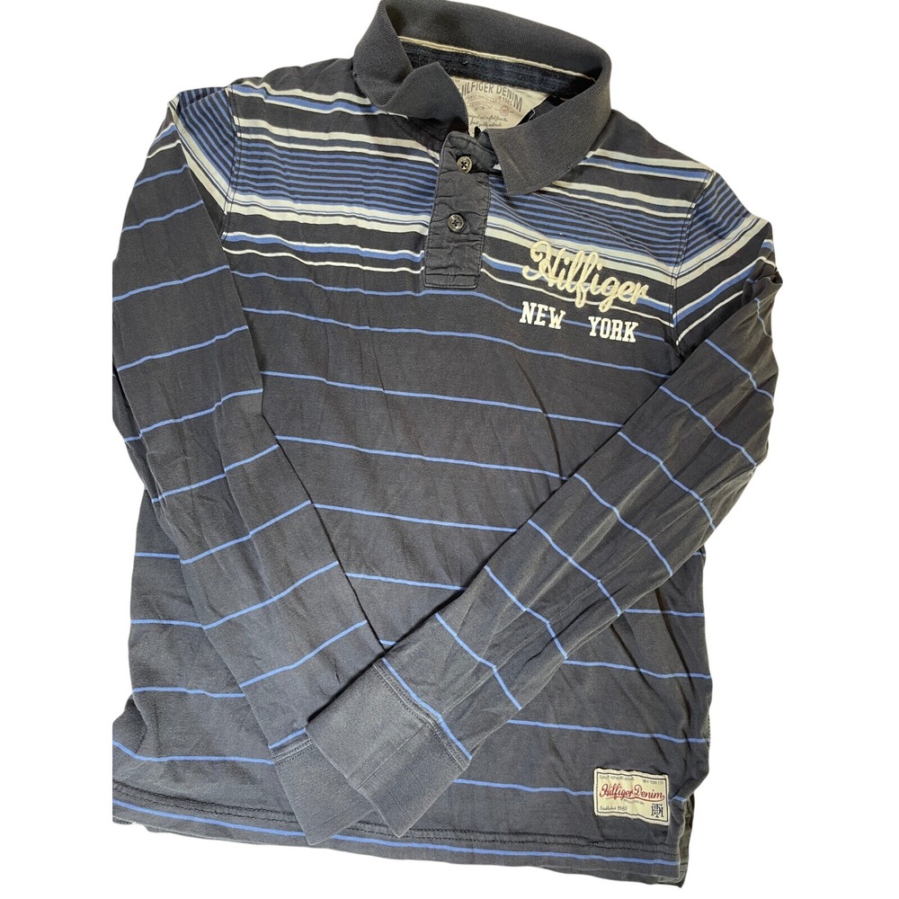 Retro Tommy Hilfinger Denim Striped Long‎ Sleeve Polo Shirt.